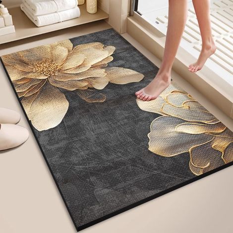 Tapis de salle de bain en terre de diatomée luxueux – Forme irrégulière, absorption rapide de l’eau, antidérapant et résistant à la saleté & l’usure – Motif floral doré en relief 3D (40 x 60 cm)-lsw