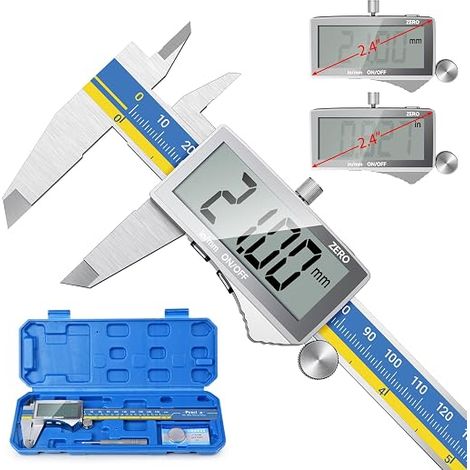 Digital Vernier Caliper 150 mm with LCD Display, Digital Vernier Tool Micrometer, Stainless Steel with MM/Inch Conversion, Blue and Yellow (1/5)