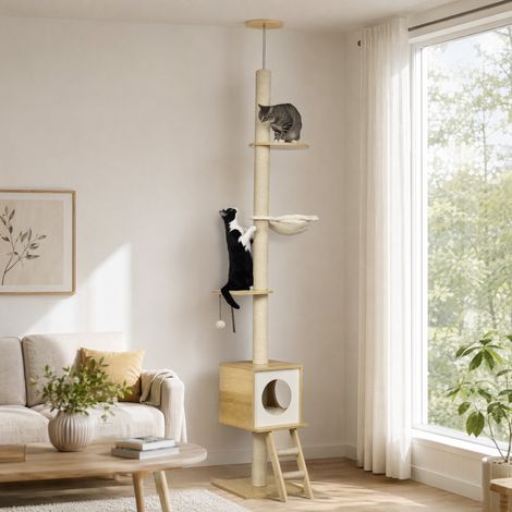 Gratte, hauteur plafond, maison de chat, deux plates-formes, hamac, protection contre les chutes, brun clair + beige, 40 x 40 x 260 cm (1/5)