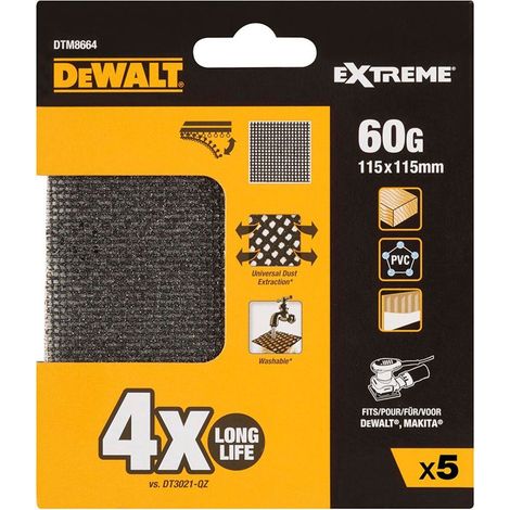 DEWALT Confezione da 5 Carta Vetrata Mesh 1/4 115x115mm Grana 60 per Levigatrici Orbitali (DTM8664-QZ)