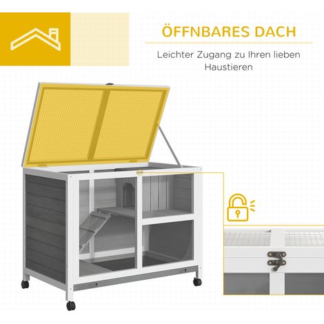 Cage pour petits animaux 2 niveaux, 4 roulettes, bois de sapin scellé gris (1/5)