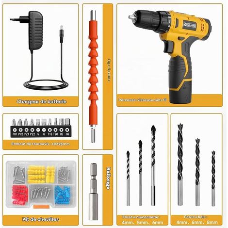 Cordless Drill Driver with Battery 21+1 Torque Settings 19 Nm LED Lights Suitable for Domestic Work Yellow (1/4)