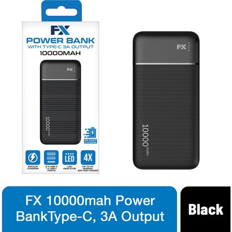 FX 10,000 mAh Powerbank with Type-C 3A Output, Black (1/4)