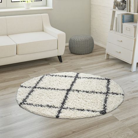 Paco Home Hochflor Teppich Weicher Wohnzimmer Shaggy Skandinavischer Stil Rautenmuster 120 cm Rund, Creme