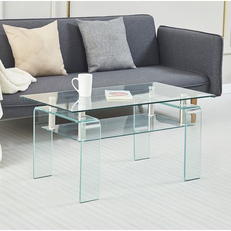 Mesa de centro 100x55x45 cm transparente de vidrio y metal con 2 niveles (1/5)
