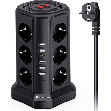 Tour multiprise parafoudre, Multiprise Electrique- Multiprise Électrique avec 5 Ports USB et 12 Prises, 3 Interrupteurs - Couleur Noir. (1/5)
