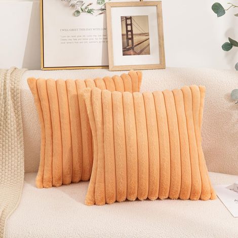 Lot de 6 Housses de Coussin en Peluche Douce 60 x 60 cm, Housse Decoratif a Rayures Moelleuses pour Canape et Chambre, Orange (Sans Rembourrage) (1/5)
