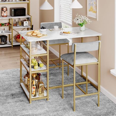 Ensemble Table de Bar 3 Pièces avec Rangement, Table Haute + 2 Chaises en Velours Rembourrées, Structure en Fer et MDF, Blanc (1/5)