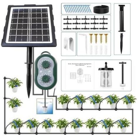 Système d'arrosage solaire pour jardinières, système automatique avec recharge USB, équipé d'un tuyau de 15 m et modes personnalisés, adapté aux jardins, balcons serres -