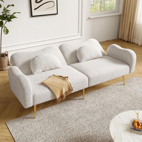 Canapé convertible 2 places blanc, 3 positions, pieds dorés, tissu bouclette (1/5)