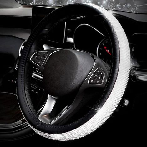 Universel Brillant diamant couverture de volant de voiture 38 CM / 15 ' Plein Bling bling Strass Cuir Couvre volant Auto Intérieur Car Styling Décor Accessoires (black) (1/3)