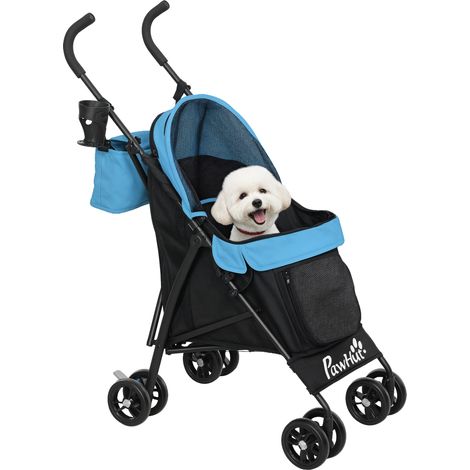 Petite poussette pour chien avec structure parapluie avec coussin lavable, fenêtres en maille et sac bleu, porte-gobelet