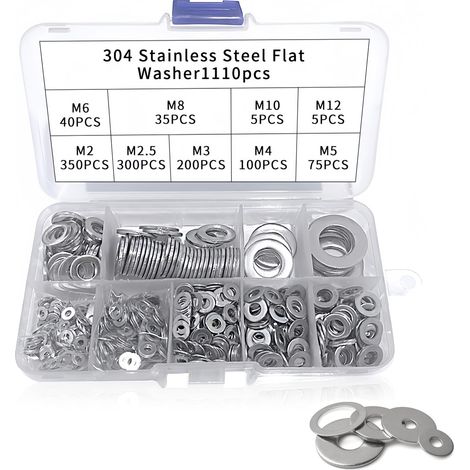 Lot de 1110 rondelles plates en acier inoxydable 304 avec boîte en métal pour vis et boulons (M2 M2,5 M3 M4 M5 M6 M8 M10 M12) (1/5)
