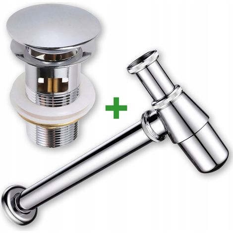 Set: tappo a scatto argentato con troppopieno + sifone per lavabo (1/5)