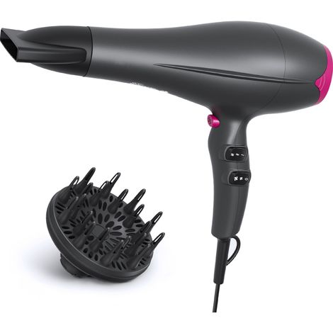 Secador de pelo iónico profesional, 2200 W CA, 2 velocidades, 3 niveles de calor, secado rápido. Incluye difusor y concentrador (gris).