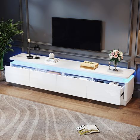 Mobile TV 180x34x40 cm bianco in truciolare lucido con 4 cassetti, LED e bordi curvi (1/5)
