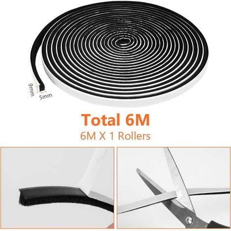 Bürstendichtung für Schiebetüren, Polypropylen-Bürstendichtung für Schiebetüren, 9 mm (B) x 5 mm (T) x 6 m (L), selbstklebende Türbürstendichtung für Wärmedämmung und Windschutz, Schwarz (1/5)