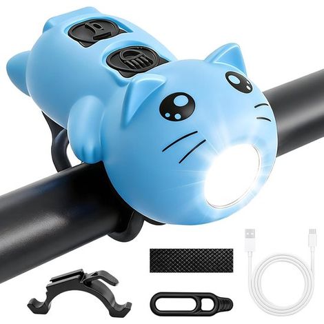 Éclairage et sonnette pour vélo enfant (2 en 1) - Bleu - Lampe vélo chat rechargeable USB-C - 200 lumens (1/5)