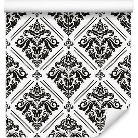 Carta da parati classica con ornamenti in bianco e nero per soggiorno e camera da letto, 50x1000 cm. (1/5)