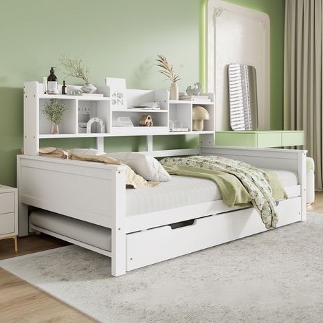DESMIU Lit banquette 90 × 200 cm 1 place avec lit gigogne, rangements et étagères, sans matelas, en bois, blanc (1/5)