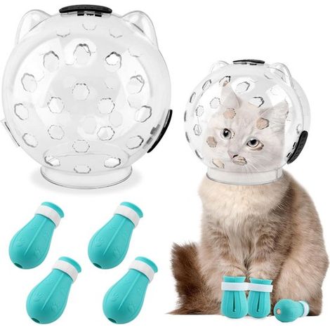 Casque transparent pour chat - Avec 4 protections de griffes en silicone - Ajustable et respirant - Résistant aux morsures - Taille L (1/5)