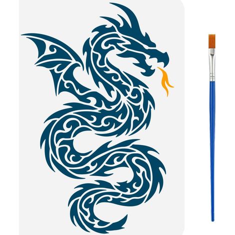 Pochoirs de Dragon Tribal Avec Un Pinceau Pochoirs Ptérodactyle Réutilisables 29.7x21cm Pochoir de Décor de Dragons Volant Petit Pochoir Motif Dragon Modèle de Thèmes Animaux pour Mur Bois (1/5)