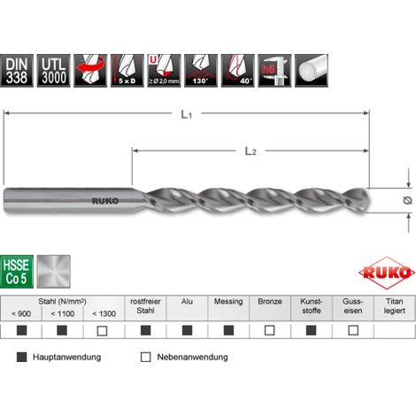 RUKO Spiralbohrer DIN 338 UTL 3000 HSSE Co 5 Ø 2,5 x 57 x 30 mm