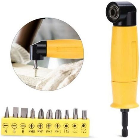 Adaptador en ángulo recto, imán potente, mango extensor de destornillador de tamaño estándar, fácil de reemplazar, alta resistencia, duradero + 10 puntas adaptadoras (1/4)