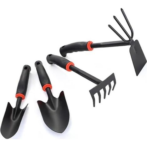Ensemble de quatre outils de jardin - Acier inoxydable - Poignées en caoutchouc - Pour creuser et planter - Comprend un râteau et une houe - Facile à ranger - Outils de jardin (1/5)