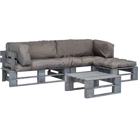 vidaXL Salon palette de jardin 4 pcs avec coussins gris bois (1/5)