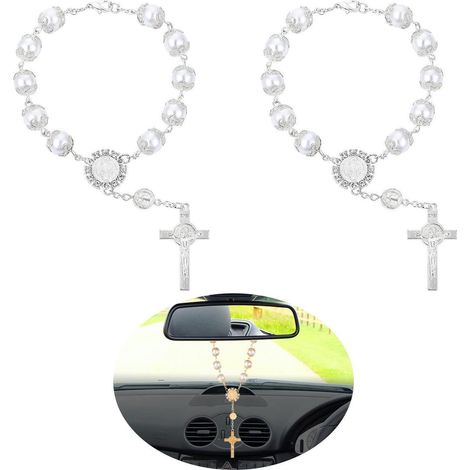 Auto Rosenkranz 2er Set mit Kreuzanhänger, Kunstperlen, für Rückspiegel, weiß (1/5)