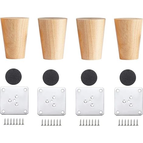4 Pièces Meubles en Bois Pieds, 6CM Pied de Canapé en Bois Massif avec Plaque de Montage et Vis, pour Table, Canapé et Autres Meubles