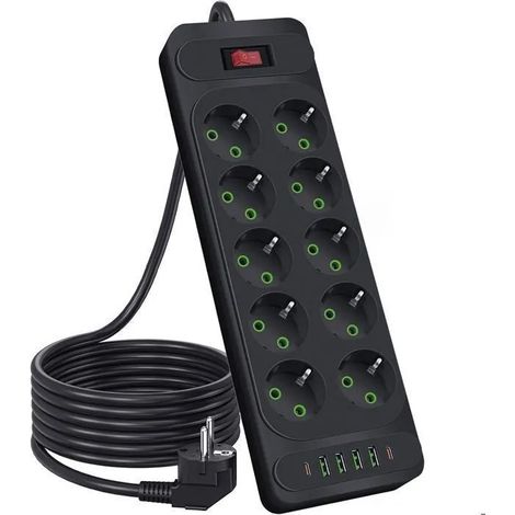 Multiprise Électrique avec Interrupteur, 10 Prises, 2500W, avec 2 USB-C, 4 USB-A, Câble 2M, pour Maison, Bureau (1/5)