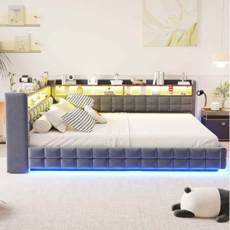 Lit canapé rembourré 140 x 200 cm avec rangement hydraulique, LED, étagères, velours gris (1/5)