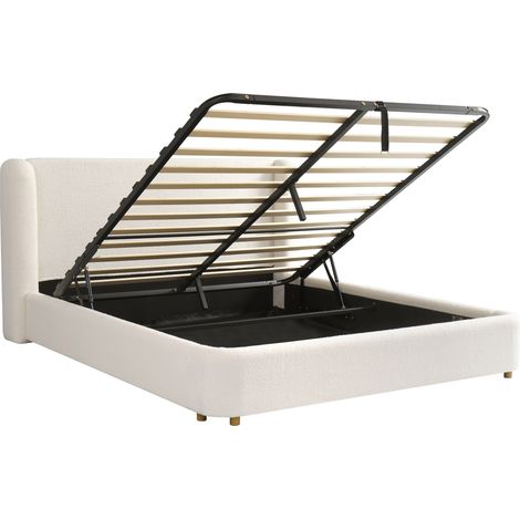 Lit rembourré, lit double, lit fonctionnel hydraulique, lit avec sommier à lattes, tête de lit et grand espace de rangement, tête de lit rembourrée, bouclé beige, 180 x 200 (1/5)