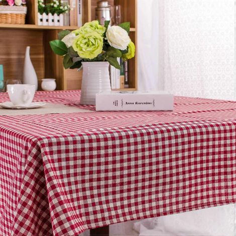 Nappe rectangulaire décorative en lin et coton à carreaux et rayures, idéale pour la maison ou la cuisine. Grand motif à carreaux rouges fins. (1/5)