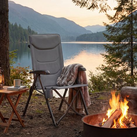 Chaise de Camping, Dossier Réglable 95°-150°, Porte-Gobelet, Sac de Transport, Pêche, Jardin, Gris (1/5)