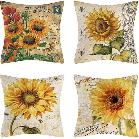 Set mit 4 dekorativen Sonnenblumen-Kissenbezügen (45 x 45 cm) mit wasserabweisendem Sonnenblumenmuster, ideal für die Terrasse (1/5)