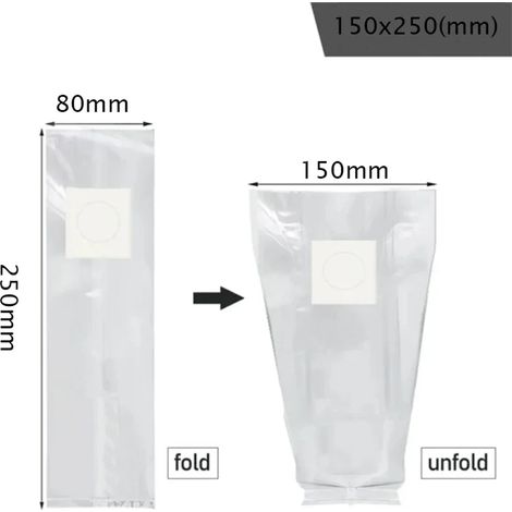 (150 x 250 x 0,06 mm, 20 pièces) Sacs de culture filtrants en polypropylène (PP) pour mycélium de champignons, épaisseur 0,06 mm, respirants et résistants aux hautes températures, pour jardinière. (1/4)