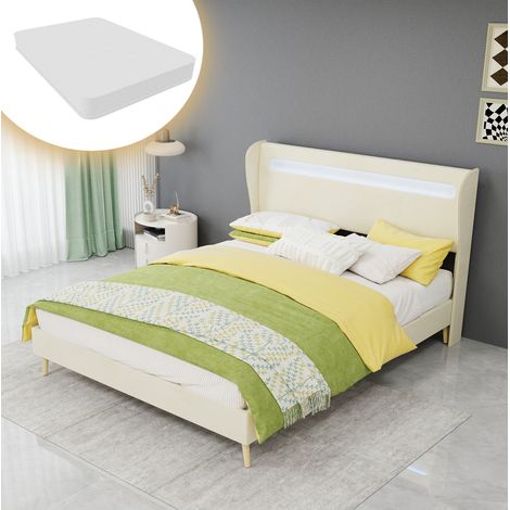 Cama 140x200 con colchón incluido, cabecero LED regulable, beige OKMYHOME (1/5)