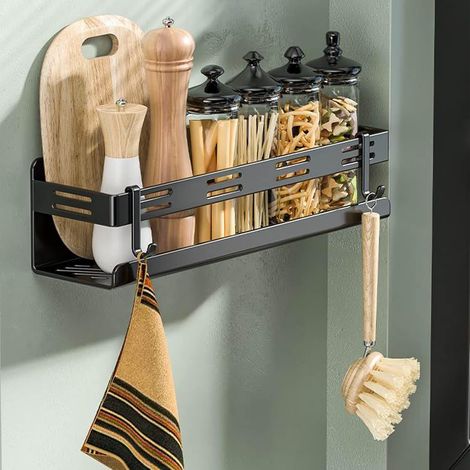 1 Étagère à épices, 4 crochets amovibles, acier inoxydable, design drainage, porte armoire cuisine (1/5)