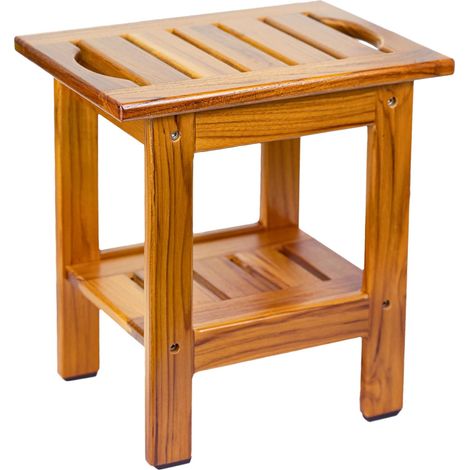 Tabouret de Douche en Teck Petit avec Étagère, Poignée Banc de Douche en Bois pour L'Intérieur, Tabouret de Douche Compact, Pieds Antidérapants, Siège de Douche à 2 Niveaux (1/5)