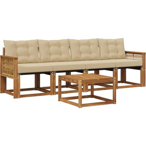 Set di divani da esterno con cuscino 5 pz Salotto da Giardino Naturale e Beige (1/5)