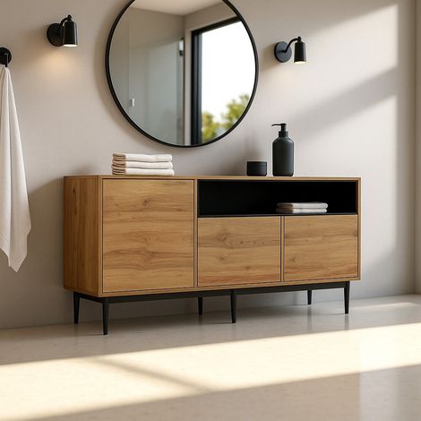 URBAN MEUBLE Meuble de salle de bain moderne en bois avec 3 portes, 1 niche et étagères 160x35x76 cm (1/5)