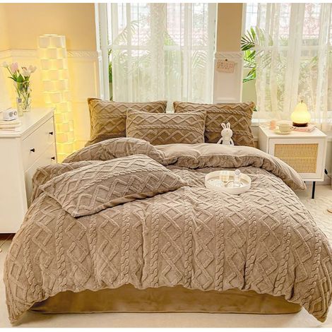 Housse de Couette Flanelle 220x240 cm,Parure de Lit en Polaire Chaud Hiver, Comprend un drap et 2 taies d'oreiller,brun café (1/5)