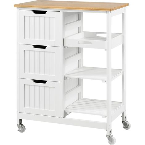 Yaheetech Carrello Cucina con Ruote 3 Cassetti 3 Ripiani in Legno e Bambù Salvaspazio Bianco Porta Microonde Spezie 67cm x 37cm x 84,5 cm
