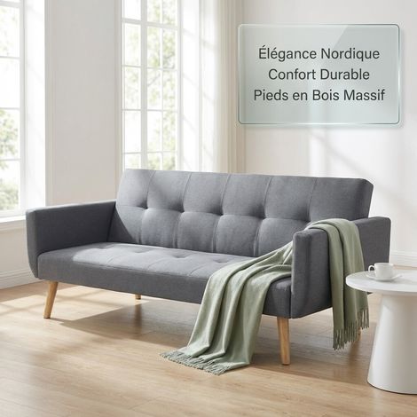Canapé scandinave convertible 3 places gris – Couchage 140x200cm – Structure en bois massif – Tissu résistant – Style moderne