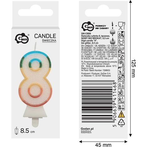 Regenbogenkerze mit der Zahl 8, 8,5 cm