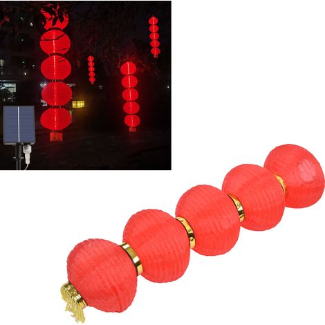 Lanternes solaires à cinq guirlandes, lanternes rouges chinoises, lanternes solaires rouges, lanternes en soie rouge (de une à cinq guirlandes), lanternes décoratives extérieures étanches pour jardins (1/5)