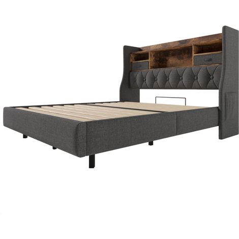 Cama tapizada 160x200 cm con LED, cabecero con almacenaje y USB/Type-C, gris MODENUIT (1/5)